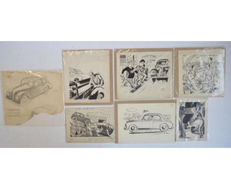Collection of seven original auto magazine sketches C1940's to include pen and ink drawings by George Lane, 'Dawsons Diversio