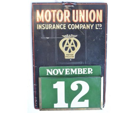 Vintage metal plate Motor Union Insurance Company Ltd wall hanging calendar with full set of months and days. 23x32.8cm 