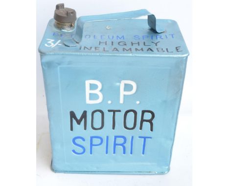 Vintage BP Motor Spirit 2 gallon petrol can with cap, repainted/restored in light metallic blue 