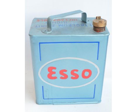 Vintage Esso 2 gallon petrol can with cap, repainted/restored in light metallic blue with red lettering 