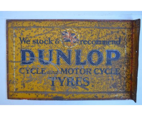 Vintage printed double sided plate steel advertising sign for Dunlop Cycle and Motorcycle Tyres with 90 degree attachment fla