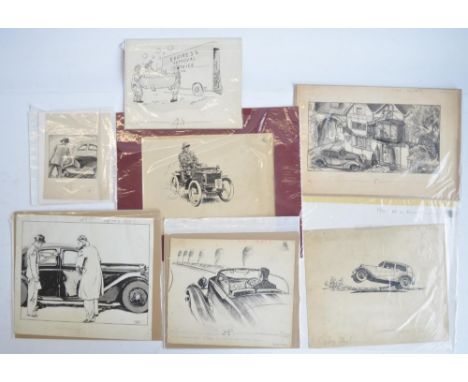 Seven original vintage auto related sketches, various artists c1920's to 40's to include signed and unsigned examples (signed