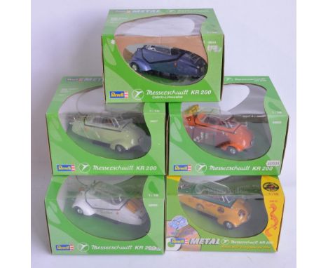 Five diecast 1/18 scale Messerschmitt KR 200 3 wheeler car models from Revell, models at least near mint, boxes at least very