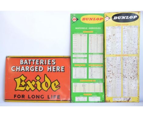 Metal plate Exide Batteries advertising sign (63.6x44.4cm) and 2x French language Dunlop workshop metal plate reference chart