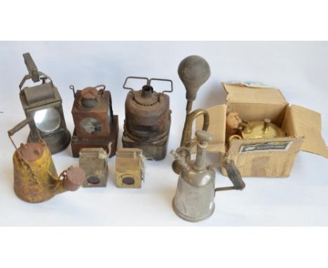 Collection of vintage railway lamps to include LNER and French SNCF lamps, a car horn in working order, Cromessol atomiser, 2