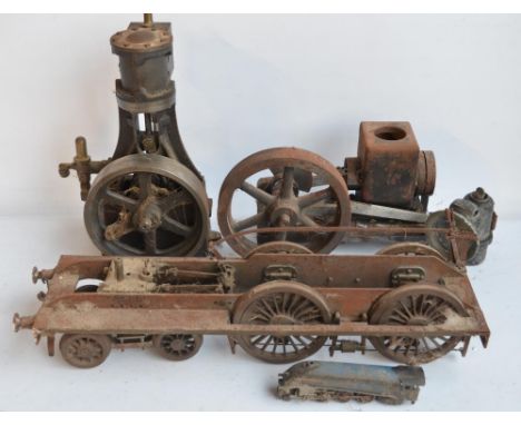 An incomplete/unfinished G gauge steam train chassis (4-4-0), 2 vintage steam/stationary engine sections and a vintage Lucas 