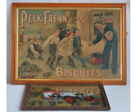 Framed vintage Peek Frean &amp; Co's London Biscuits advertising poster (glass fronted, 93x66.5cm) and a Rolls Royce Silver G