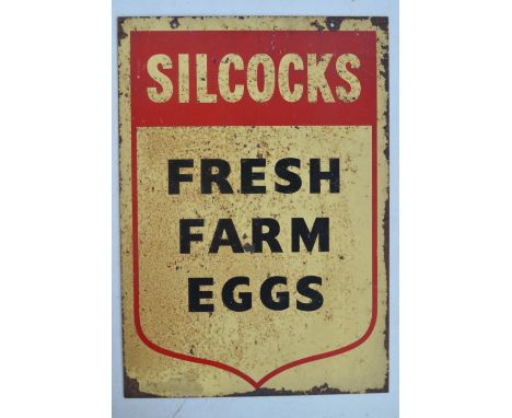 Vintage double sided printed steel plate advertising sign for Silcocks Fresh Farm Eggs (not enamel), 30.5x43.3cm 