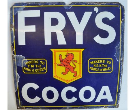 Single sided plate steel enamel advertising sign for Fry's Cocoa (some restoration to artwork, see photos), 61x61cm 