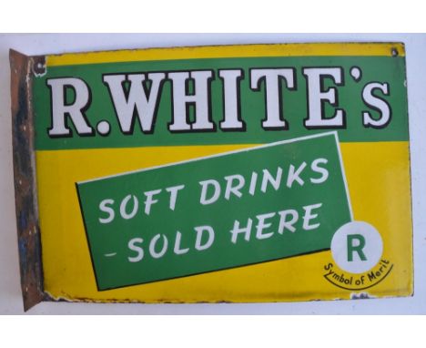 Double sided plate steel enamel advertising sign for R.White's Soft Drinks Sold Here with right angled wall attachment flange