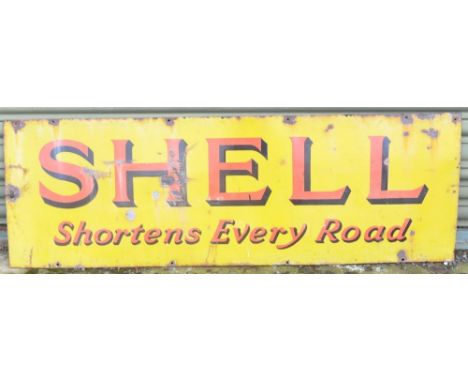 Vintage enamel single sided plate steel advertising sign for Shell "Shortens Every Road" 54"x18" (137.1x45.7cm) 