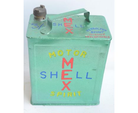 Vintage Shell-Mex Motor Spirit 2 gallon petrol can with cap, repainted/restored in light metallic green with blue, red and ye