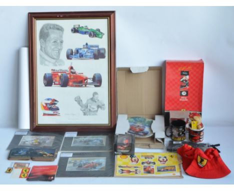Collection of Michael Schumacher and Ferrari related items to include framed print by Stuart McIntyre (66x48.1cm), 2 small pr