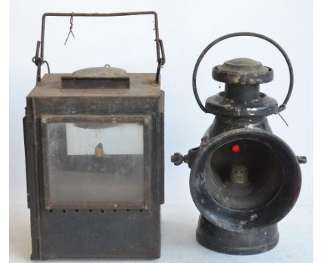 A box style BR(M) railway lamp (height with handle stowed 31.3cm) and Lucas No745 "King Road" lamp (fixed handle, height 35.5