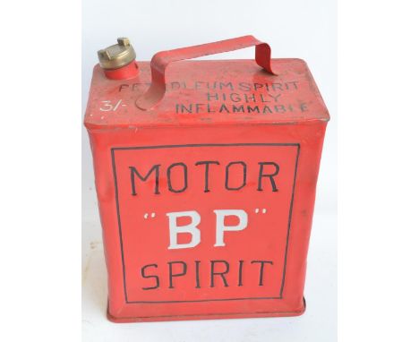 Vintage BP Motor Spirit 2 gallon petrol can with cap, repainted/restored in red with black and silver lettering 