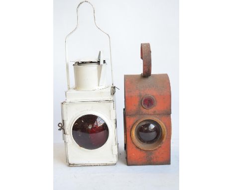 Railway paraffin lamp, white BR(W) example (height with handle raised approx 53cm) and a red painted warning lamp with all re