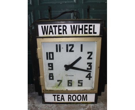 Art Deco dual faced advertisement clock by Gesign. Fittings for illumination. Glass intact and two hanging brackets. Advertis