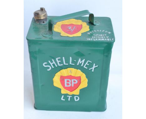 Vintage Shell-Mex BP 2 gallon petrol can with cap, repainted/restored in green with silver lettering 
