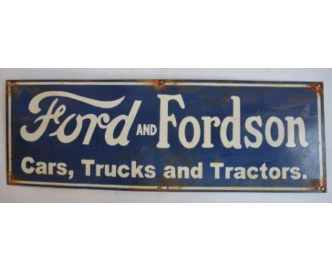 Enamel steel plate advertising sign for Ford And Fordson Cars, Trucks and Tractors, 75.5x25.4cm 