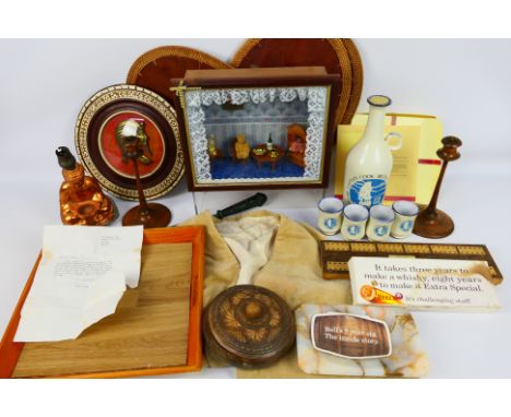 Lot to include treen, cribbage board, Captain Cook Bicentennial decanter set, waistcoat with signed letter from Danny Boon, g