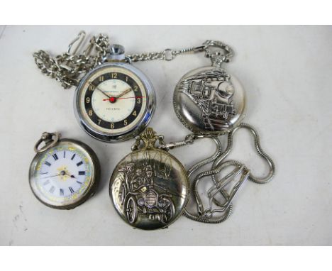 A Swiss silver cased (935 fineness) open face pocket watch with gilt decorated white enamel dial having Roman numerals, 4 cm 