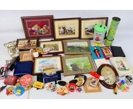 Lot to include framed pictures, badges, kaleidoscope, Dusty Bin model and other. [W]