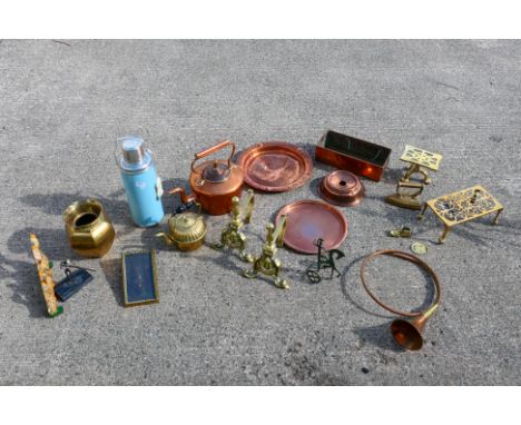 A collection of copper, brass, cast iron and a Laura Ashley vacuum flask. [W]