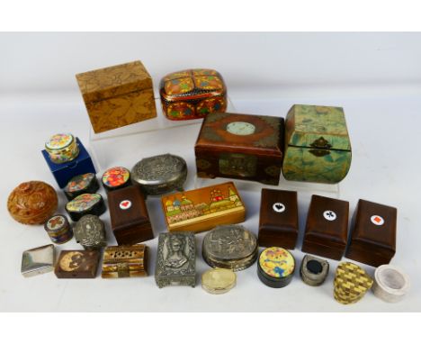 A collection of boxes to include Ayshford Bone China, papier mache, wooden playing card boxes, Asian box with jadeite top, so