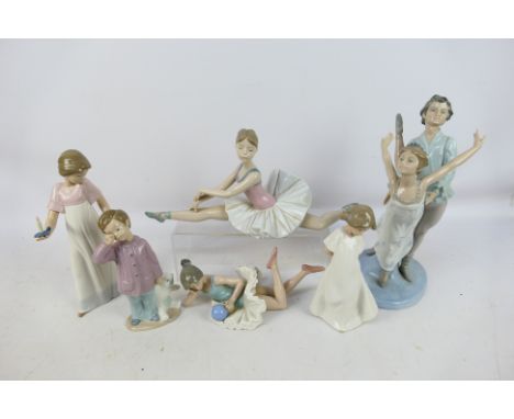 Six Nao figures / groups to include Dancing On A Cloud, To Light The Way, Sleepy Head and other, largest approximately 33 cm 