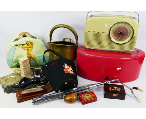 Lot to include a Bush radio, brassware, Olympus Trip 35 camera and other. [W]
