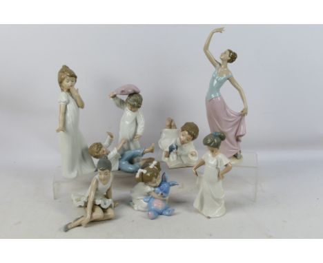 Seven Nao figures / groups to include I Love You So Much, Pillow Fight, a ballerina and other, largest approximately 34 cm (h
