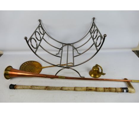 Lot to include an antler handled walking stick, brass hunting horn (100 cm length), brass door bell and other. [W]