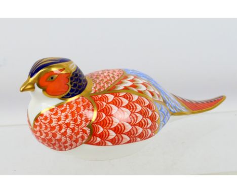 Royal Crown Derby - A bird form paperweight, Pheasant, with gold stopper, approximately 18 cm (l). [W]