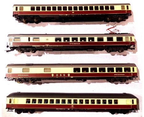 Four Maroon/Cream D.B. coaches H.O. scale (three Lima and one Roco) in very good condition, some  couplings required, unboxed