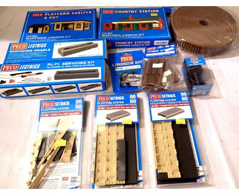 Selection of Peco accessories includes country station, shelter and hut, underlay, three platforms, servicing cradle, servici