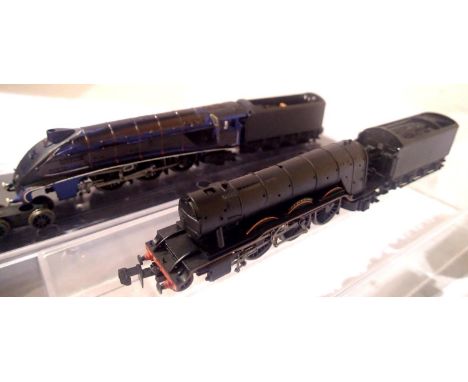 Two N Gauge locomotives Class A4 and Flying Scotsman, both repainted black , requires attention, parts missing, spares or rep