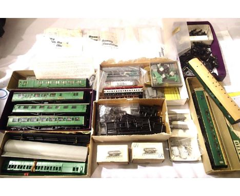 Selection OO scale coach and wagon kits, some part built and spare bogies/wheels/detailing etc. P&amp;P Group 2 (£18+VAT for 