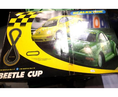 Scalextric Beetle Cup set, two new shape Beetles cars, appears complete in good condition and extra track pieces. P&amp;P Gro