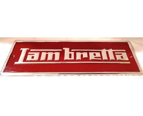 Chrome Lambretta sign, 43 x 14 cm. P&amp;P Group 1 (£14+VAT for the first lot and £1+VAT for subsequent lots) 