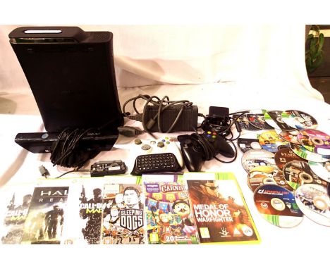 Microsoft Xbox 360 console, power pack, controller with chatpad, further controller, Kinnect camera and wireless network adap