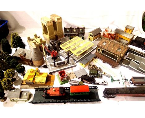 Hornby 0.4.0. tank,  two coaches, two wagons and track, buildings, trees, vehicles etc, all play worn. P&amp;P Group 3 (£25+V