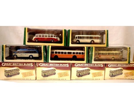 Nine Atlas Editions model buses, British and Continental types, in excellent condition, boxed. P&amp;P Group 2 (£18+VAT for t