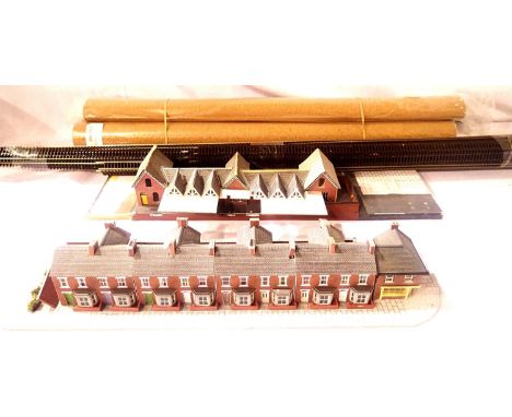 N Gauge track, approximately thirty flexi track pieces, various lengths,  station building, terraced house card models and th