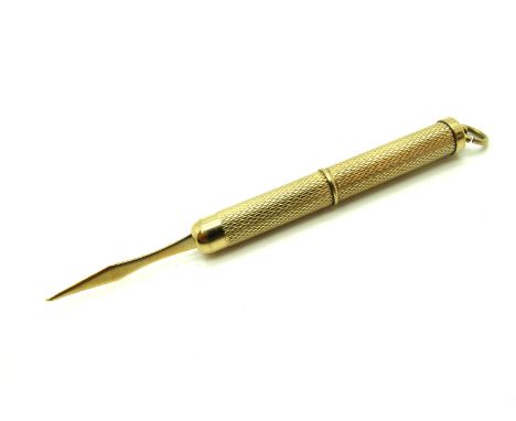 A 9ct Gold Toothpick, telescopic, allover engine turned, with suspension loop. 