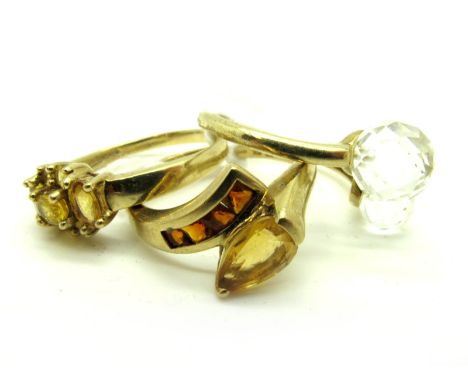 A Modern 9ct Gold QVC Stone Set Dress Ring, of crossover twist design; Together with A 9ct Gold Stone Set Cluster Ring, claw 