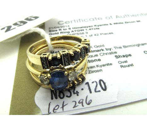 A 9ct Gold Himalayan Kyanite and White Zircon Dress Ring, with certificate; together with two 9ct gold dress rings, claw set 