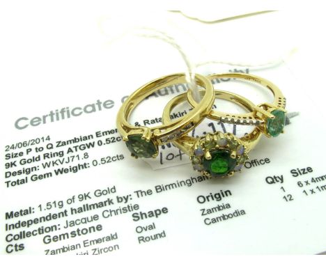 A 9ct Gold QVC Zambian Emerald and Ratanakiri Zircon Dress Ring, with certificate; Together with A 9ct Gold Cluster Ring, of 