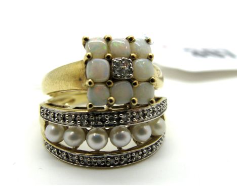 A 9ct Gold QVC Dress Ring, of three row design, with pearl highlights, between textured shoulders; Together with A 9ct Gold O