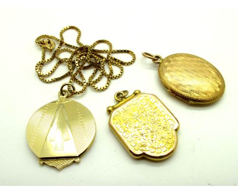 A 9ct Gold Locket Pendant, with engine turned decoration, on a 9ct gold box link chain; Together with An Oval Locket Pendant,