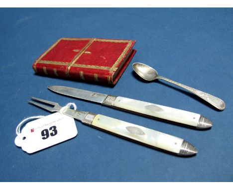 A Georgian Part Hallmarked Silver and Mother of Pearl Folding Campaign Style Fruit Knife and Fork, together with a small hall